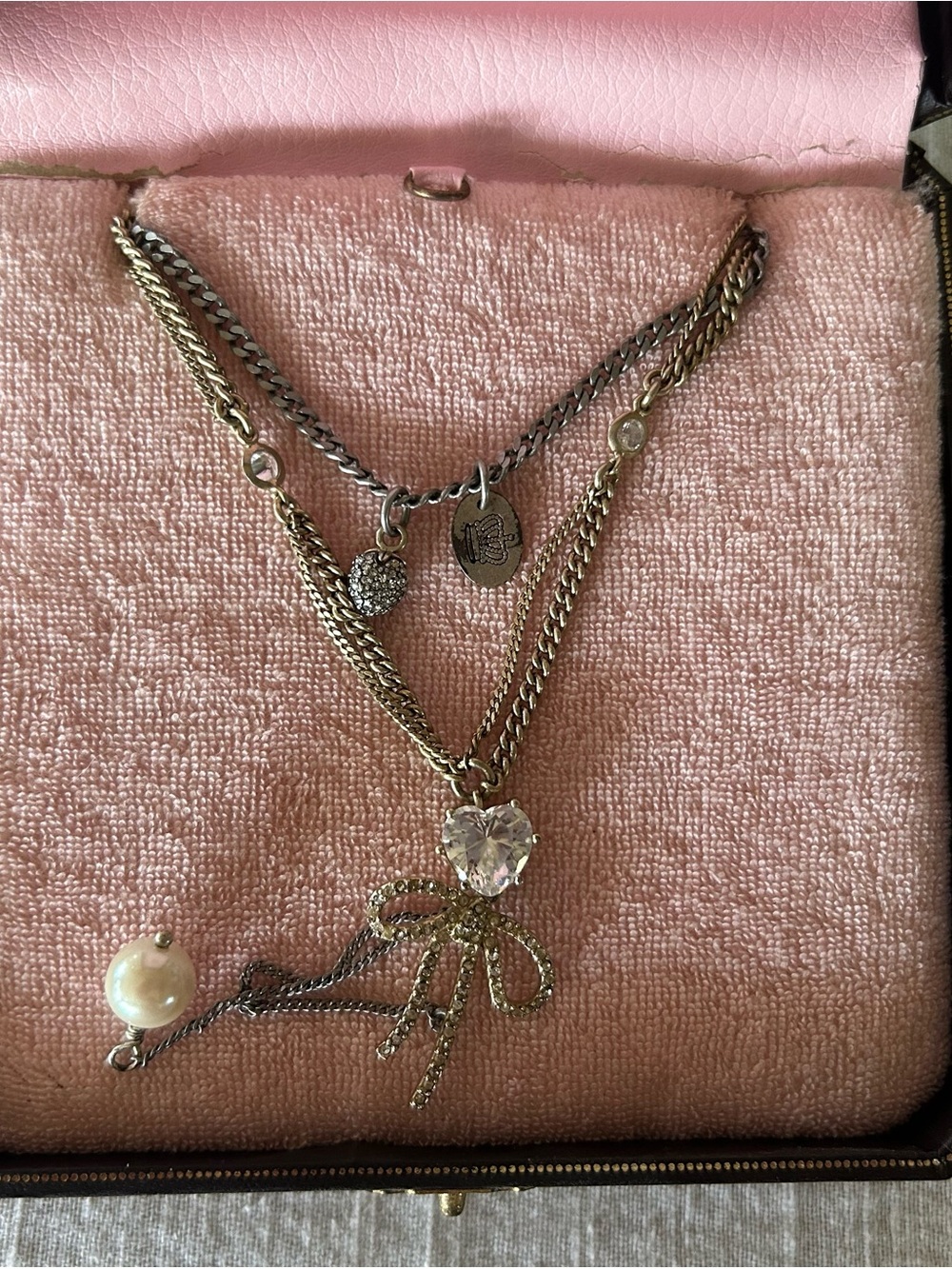 “Juicy Couture” Silver and Gold Layered Heart Pendant Necklace with Pearl Accent